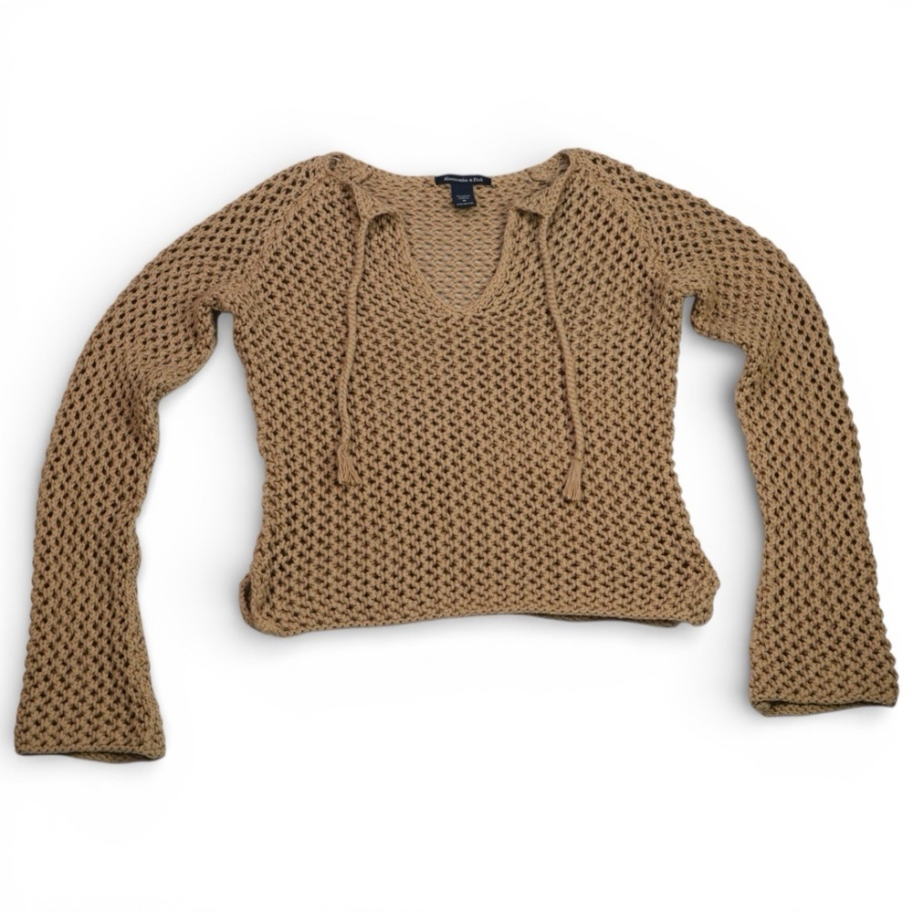 Abercrombie Crochet Knit Hoodie Womens M Tan Boho Beach Festival Bell Sleeve